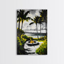 Palm Trees, Fire Pit, Coastal Escape, Beach House Decor, Black and White Art, Tropical Landscape, Canvas Print, Relaxing Wall Art