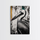 Pelican Portrait, wildlife wall art, coastal nature painting, black and white bird decor, modern beach house print, framed canvas print