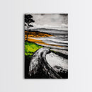 Driftwood Shore, Ocean Beach Wall Art, Modern Coastal Decor, Nature Seascape Print, Tranquil Waves, Framed Canvas Print