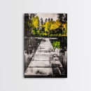 Wooden Dock View, Lake House Art, Nature Landscape Print, Rustic Wall Decor, Framed Canvas Print, Black and White Photography, Cabin Art