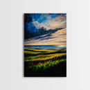 Sunset Over Hills, Coastal Fields, Dramatic Sky, Nature Wall Art, Framed Canvas Print, Vibrant Home Decor, Rolling Landscape, Ocean View