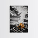 Bonfire on Beach, Coastal Sunset, Framed Canvas Print, Fall Wall Art, Warm Glow Art, Ocean Inspired Decor, Rustic Firelight, Home Accent