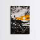 Lighthouse Sunset, Nautical Wall Art, Coastal Painting, Canvas Print, Orange and Black Artwork, Ocean Home Decor, Beach House Design