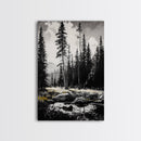 Forest Landscape Print, Black and White Tree Art, Cabin Wall Decor, Nature Inspired Art, Minimalist Scene, Framed Canvas Print