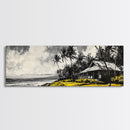 Tropical Beach House, Coastal Landscape Painting, Black and White Palm Tree Print, Island Wall Decor, Relaxing Canvas Print, Framed Canvas Print