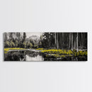 Misty Forest, Mountain Reflections, Black and White Nature Art, Framed Canvas Print, Living Room Decor, Wilderness Wall Art, Scenic Landscape