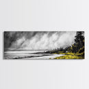 Stormy Coast, Dramatic Sky, Seaside Serenity, Framed Canvas Print, Black and White Art, Large Wall Decor, Living Room Statement