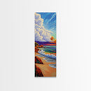 Peaceful Shoreline, Colorful Sunset, Framed Canvas Print ocean waves art, colorful sunset beach painting, vibrant sky seascape, nature art