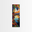 Grapevine Sunset, River, Wine Country Landscape Framed Canvas Print, Kitchen Wall Art, Autumn Boho Decor, Colorful Vineyard Scene