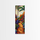 Tropical Pathway, Palms, Jungle Walkway Framed Canvas Print, Bohemian Wall Art, Bedroom Botanical Decor, Vibrant Nature Illustration