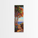 Trees Shoreline,Sunset,Serene — Framed Canvas Print, coastal nature wall art, tropical autumn decor, landscape painting, living room artwork