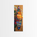 Surfboard Tropical, Sunset, Palm, Framed Canvas Print, Hawaiian surf art, beach house decor, vibrant coastal living room artwork