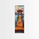 Colorful Pier, Archway, Water — Framed Canvas Print of a vibrant pier scene, coastal wall art, boho lake house decor, office accent