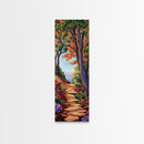 Autumn Pathway, Forest, Nature — Framed Canvas Print of scenic forest path with fall trees, cozy rustic living room wall decor, woodland art