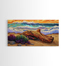 Coastal Driftwood, Waves, Sunset, Framed Canvas Print, ocean beach decor, colorful seascape, tropical wall art, living room wall art