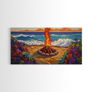 Fire Beach, Ocean, Framed Canvas Print, Sunset Beach Bonfire Painting, Vibrant Coastal Campfire Wall Art, Boho Living Room Decor