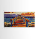 Pier Ocean, Sunset, Vibrant sunset over colorful pier walkway into the sea, Framed Canvas Print, coastal living decor