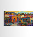 Colorful Adobe Homes, Desert Village Scene, Southwest Art Style, Canvas Print, Boho Wall Decor, Vibrant Courtyard Painting