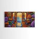 Ocean Doorway View, Colorful Stone Arch, Vibrant Seaside Escape, Canvas Print, Boho Coastal Wall Art, Mediterranean Dream Artwork