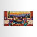 Fountain Sunset Flowers, Serenity, Framed Canvas Print, Southwestern Wall Art, Boho Vibe, Tranquil Home Decor, Kitchen or Entryway Art