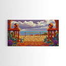 Volleyball Ocean, Sunset, Framed Canvas Print, Vibrant Beach Volleyball Scene, Sporty Coastal Wall Art, Game Room Decor
