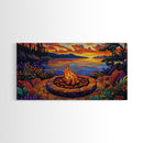 Firepit Sunset, Cozy, Night, Canvas Print warm evening campfire artwork, fall wall decor, lakeside cabin print, romantic outdoor setting