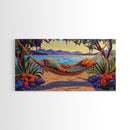 Hammock Lake, Relax, Peace, Framed Canvas Print tropical lakeside retreat artwork, relaxing boho bedroom art, beachy summer decor