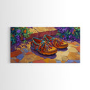 Colorful Moccasins, Boho, Style, Framed Canvas Print, vibrant moccasin shoes, Boho Decor, Bedroom Wall Art, Southwestern art