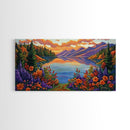 Mountain Lake, Sunset Reflection, Wildflower Meadow, Canvas Print, Vibrant Nature Art, Living Room or Cabin Wall Decor