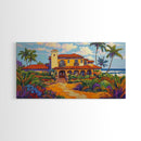 Tropical Villa, Palm Trees, Coastal, Framed Canvas Print, Spanish beach house art perfect Dining Room Wall Art or Vacation Home Decor