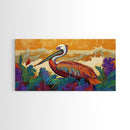Pelican, Waves Tropical, Canvas Print, Bright tropical pelican artwork with ocean waves and foliage, great Bathroom Wall Art