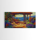 Garden Ocean View, Terrace, Framed Canvas Print, Serene garden bench by the ocean with colorful flowers, perfect Living Room Wall Art