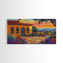 House Sunset, Garden, Southwest, Framed Canvas Print warm adobe home wall art, colorful southwestern sunset print, cozy kitchen decor