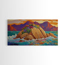 Island Sunset, Coastal Flowers, Ocean Rocks, Framed Canvas Print, Tropical Landscape Wall Art, Colorful Living Room Art, Entryway Decor