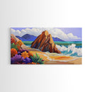 Rocks Beach, Flowers, Ocean, Framed Canvas Print, colorful tropical seascape, modern coastal wall art, bright nature themed decor