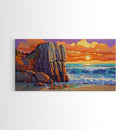 Rock Ocean, Sunset, Waves, Framed Canvas Print, coastal wall decor, bold shoreline art, living room beach style, nature theme