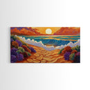 Beach Ocean, Sunrise, Coastal Path, Framed Canvas Print, Vibrant Seaside Art, Bathroom Wall Decor, Nature Landscape, Colorful Waves