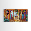 Surfboards Beach, Tropical, Colorful Life, Framed Canvas Print, Coastal Art, Entryway Wall Decor, Surf Shack Vibes, Tropical Summer