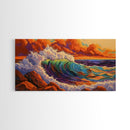 Ocean Wave, Sunset, Crashing Surf, Framed Canvas Print, Colorful Coastal Art, Living Room Wall Decor, Seaside Painting, Bold Landscape