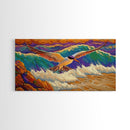 Seagull, Beach, Ocean Waves, Vibrant Sky, Framed Canvas Print, Coastal Wildlife Art, Living Room Wall Decor, Bird Painting, Boho Nature