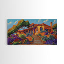 Villa Garden, Adobe, Colorful, Framed Canvas Print, vibrant Mexican villa wall art, blooming flowers, southwestern kitchen décor