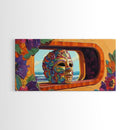 Mask, Window, Flowers, Coastal, Vibrant mask ocean view, Framed Canvas Print, Fiesta Art, Colorful Mexican Decor, Dining Room Wall Art