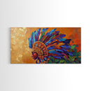 Aztec Warrior, Headpiece, Art, Framed Canvas Print, Indigenous feather headdress wall decor, bold bohemian accent, office statement
