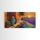 Sunset Terracotta, Patio, Art, Framed Canvas Print, Colorful Mexican pottery scene, vibrant tropical wall art, boho entryway decor