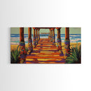 Pier Beach, Sunset, Vibrant, Canvas Print tropical coastal wall art, beach hallway decor, ocean waves painting, summer home artwork