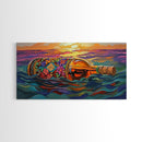 Bottle Ocean, Sunset, Flowers, Framed Canvas Print tropical beach bathroom decor, coastal boho wall art, floral message bottle painting