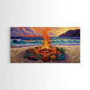 Beach Campfire, Sunset, Tropical Vibes, island evening Canvas Print, fall boho decor, colorful beach firepit living room wall art