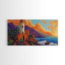 Lighthouse Ocean, Sunset, Cliff, Coastal lighthouse Canvas Print, living room seascape painting, nautical wall decor, sunset vibes art