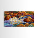 Autumn River, Rocks, Splash, Framed Canvas Print, colorful waterfall painting, nature wall art, rustic cabin decor, landscape art