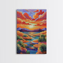 Sunset Desert, River, Color, Framed Canvas Print dreamy painted desert river sunset, colorful sky landscape artwork, nature boho art